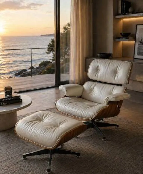 Illustration numéro 5 du produit Charles et Ray Eames & Mobilier International - Lounge Chair et son Ottoman, cuir blanc