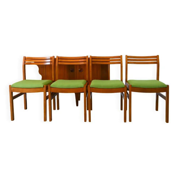 Illustration numéro 5 du produit Ensemble de 4 chaises Scandinaves en bois de hêtre, laine verte, 1960