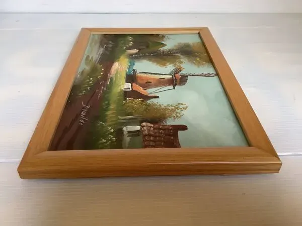 Illustration numéro 5 du produit Petit tableau village avec un moulin huile sur toile signée