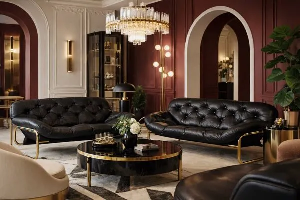 Illustration numéro 5 du produit Canapé en cuir noir et métal doré, Suède 1970