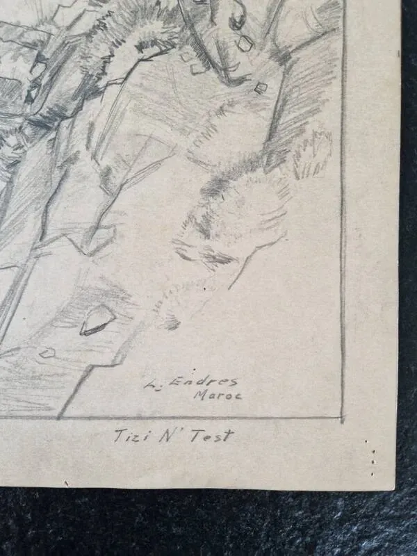 Illustration numéro 5 du produit Louis John Endres (1896-1989) - Dessin au fusain sur papier - Paysage Tizi N'Test, Grand Atlas Maroc