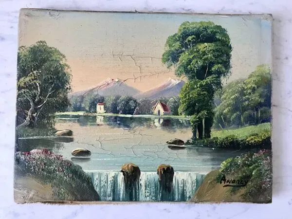 Illustration numéro 5 du produit Tableau huile sur toile rivière vintage