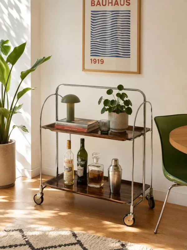 Illustration numéro 5 du produit Desserte, mini bar ou chariot de service sur roulettes années 70