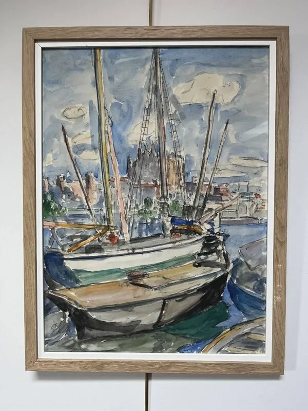 Illustration numéro 5 du produit Ecole Française Du XX° Siècle, Voiliers Dans Le Port De La Palma, Aquarelle