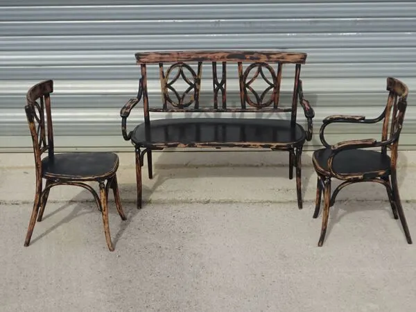 Illustration numéro 5 du produit Salon Baumann en bois courbé et rotin, chaise bistrot, fauteuil et banc