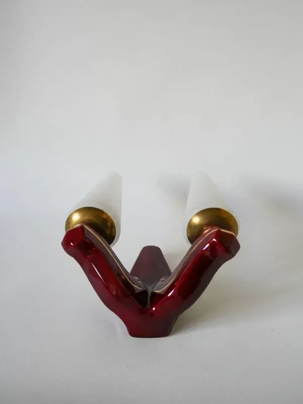 Illustration numéro 5 du produit Applique double globes en verre et support en céramique bordeaux Art Déco 1930