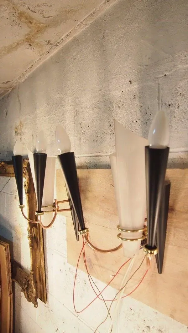 Illustration numéro 5 du produit Paire applique lunel mid century texture perspex laiton dore noir