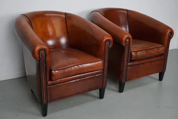 Illustration numéro 5 du produit Fauteuil club vintage hollandais en cuir couleur cognac, lot de 2