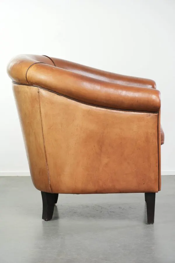 Illustration numéro 5 du produit Fauteuil club en peau de mouton vintage avec une palette de couleurs chaudes et des passepoils noirs.