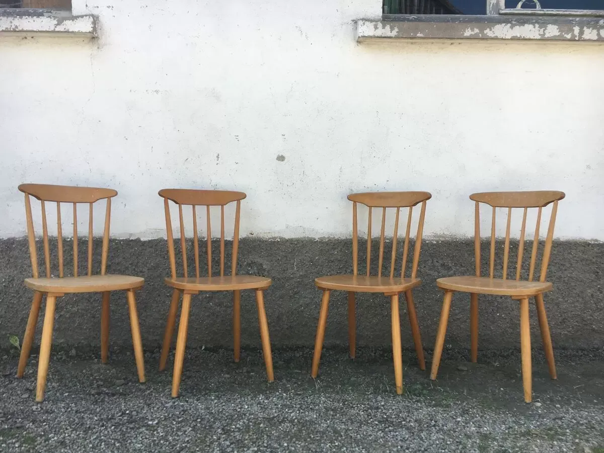 Illustration numéro 5 du produit Série de 4 chaises bistrot/bohème hêtre - pieds compas - vintage - scandinave 1950