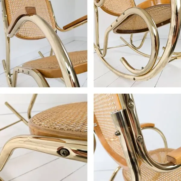 Illustration numéro 5 du produit Fauteuil à bascule Vintage Tube d'acier Tressage viennois Laiton Or Mid Century Rétro Design Salon H