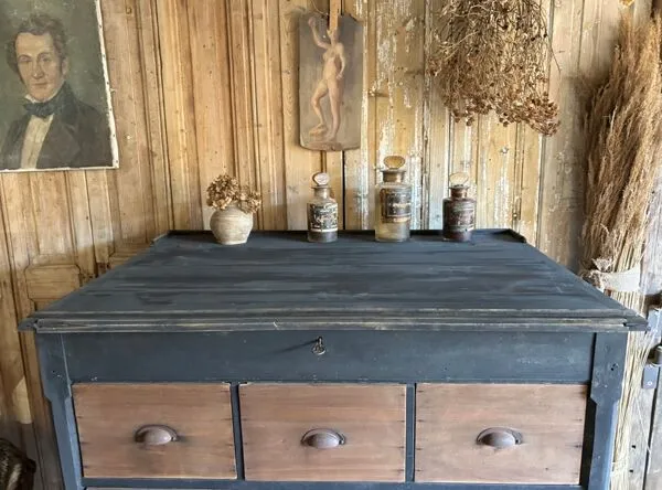 Illustration numéro 5 du produit Ancien meuble de métier à tiroirs avec plateau ouvrant