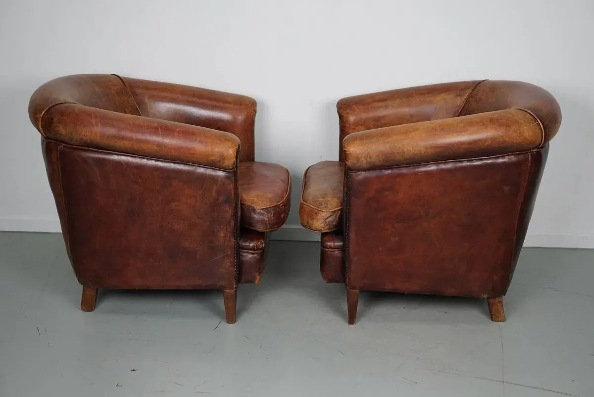 Illustration numéro 5 du produit Fauteuil club vintage hollandais en cuir couleur cognac, lot de 2