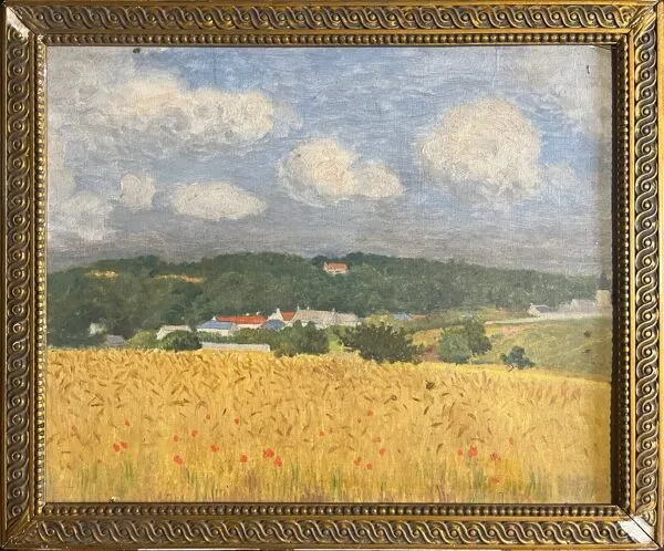 Illustration numéro 5 du produit Tableau HSP ''Paysage aux blés et coquelicots'' post impressionniste 1900