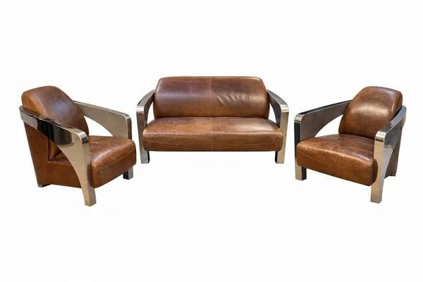 Illustration numéro 5 du produit Lot de 3 éléments Stacyville, cuir et inox, 2 fauteuils et un sofa