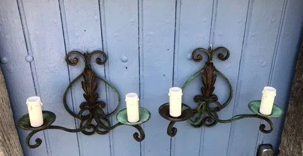 Illustration numéro 5 du produit Art Deco Wrought Iron Wall Sconces: French Tole Twin Arm Lights