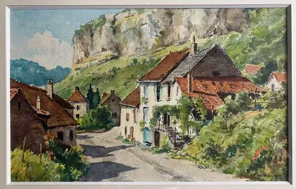 Illustration numéro 5 du produit Tableau Aquarelle Jeep Nefkens (1926/1999) Aquarelle Village en bord de falaise