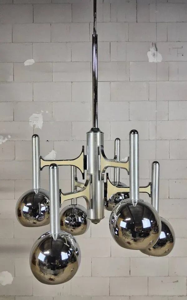 Illustration numéro 5 du produit Lampe suspendue vintage Space Age en chrome design italien de Gaetano Sciolari