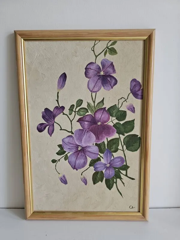 Illustration numéro 5 du produit Tableau huile sur panneau - fleurs clématites mauves signé colson lydie