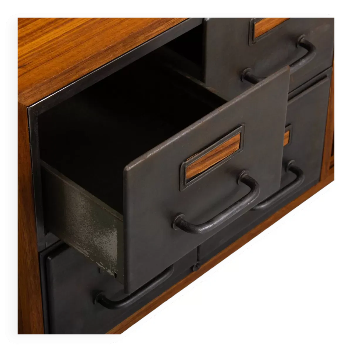 Illustration numéro 5 du produit Enfilade en teck avec des tiroirs métalliques industriels et 2 portes coulissantes noires