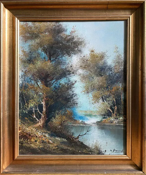 Illustration numéro 5 du produit Tableau HST ''Paysage à la rivière'' signé école Italienne avec cadre