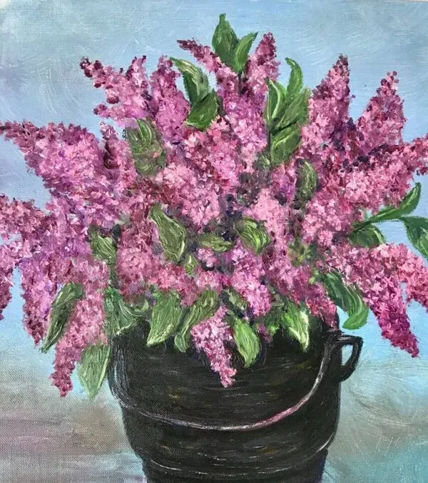 Illustration numéro 5 du produit Tableau huile sur toile bouquet de fleurs lilas vintage signée