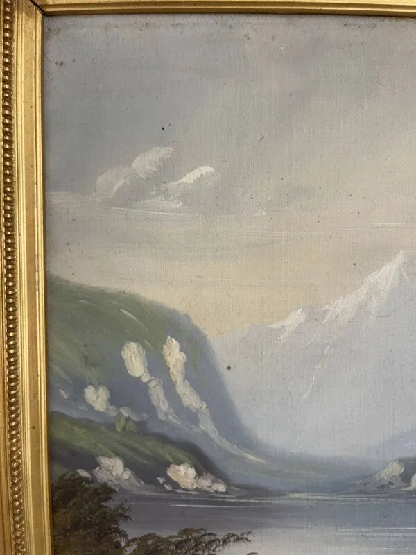 Illustration numéro 5 du produit Ancien Tableau Peinture Huile Toile Ecole Suisse Montagne Lac Berger Signé