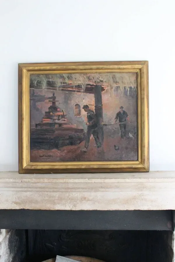 Illustration numéro 5 du produit Huile sur isorel ''Deux ouvrier à la presse'' peinture post-impressionniste