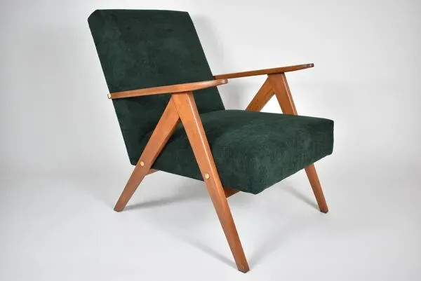 Illustration numéro 5 du produit Fauteuil compas restauré, tissu vert forêt, bois de teck, 1960