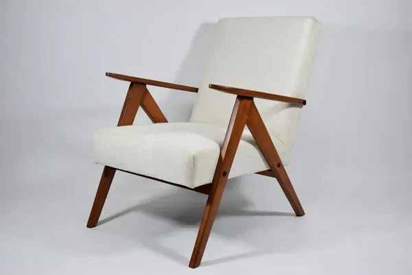 Illustration numéro 5 du produit Fauteuil vintage, restauré, années 1960, beige, teck