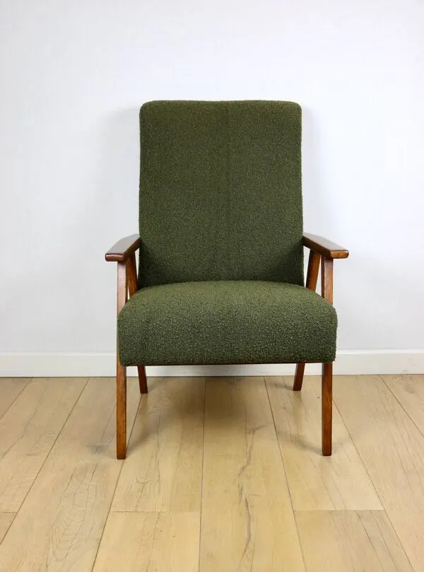 Illustration numéro 5 du produit Fauteuil design vintage loft vert olive bouclé haut