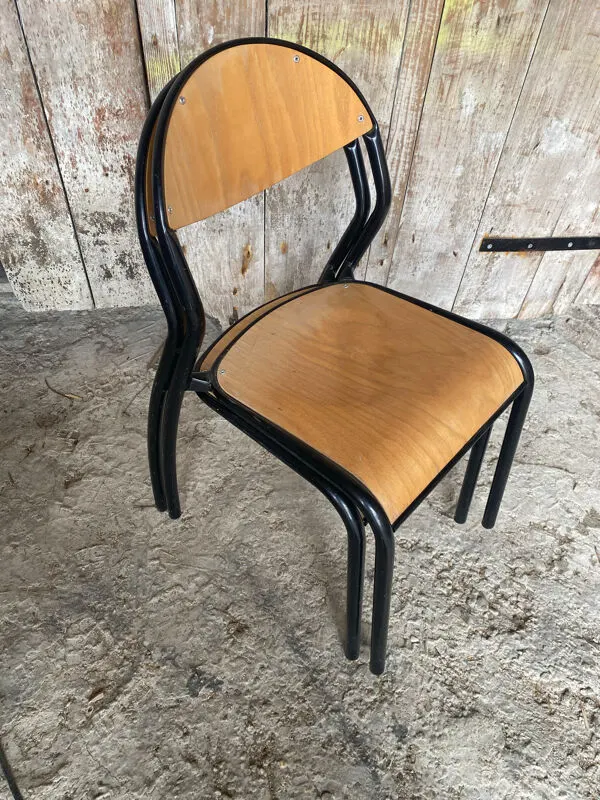 Illustration numéro 5 du produit Paire chaise ancienne écolier style mullca métal noir + bois vintage #