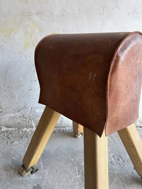 Illustration numéro 5 du produit Cheval d'arçons belge vintage des années 1960 — coffre en cuir marron sur pieds en bois naturel