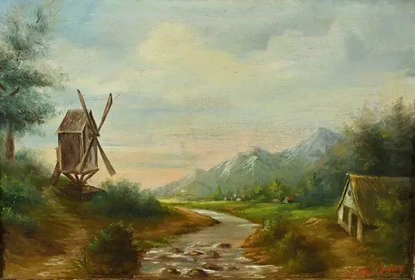 Illustration numéro 5 du produit Huile sur Toile « Le Moulin » de N. Okolowicz – Début XXe