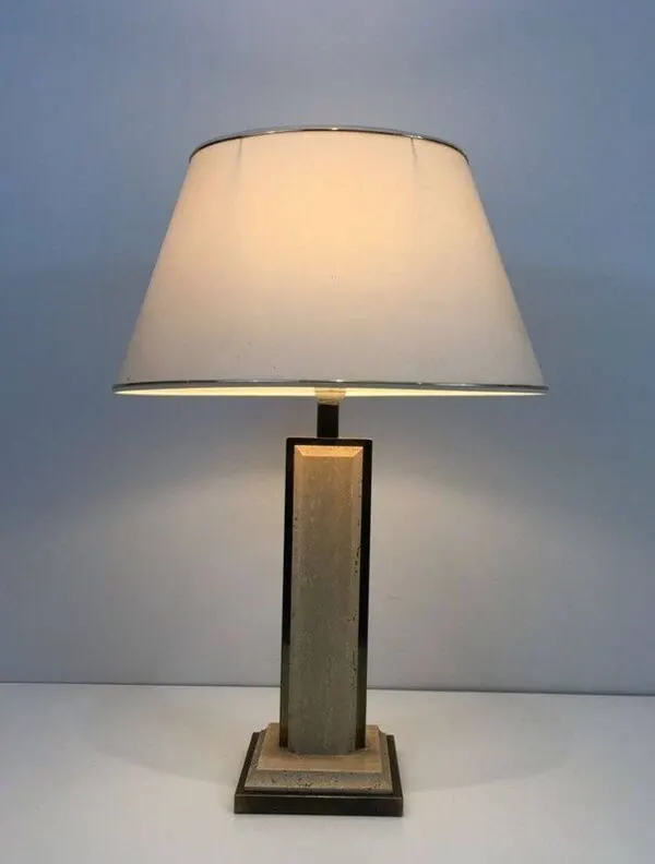 Illustration numéro 5 du produit Lampe de Table en Travertin et Chrome Doré, Travail Français, vers 1970
