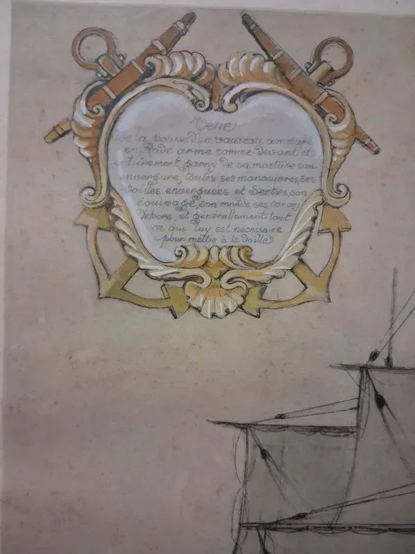 Illustration numéro 5 du produit Dessin vaisseau du XVIIIe, impression réhaussée de gouache , Durand-Chapron