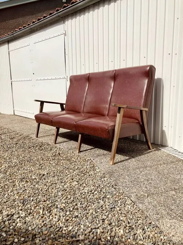 Illustration numéro 5 du produit Canapé 3 places en cuir patiné, style mid-century