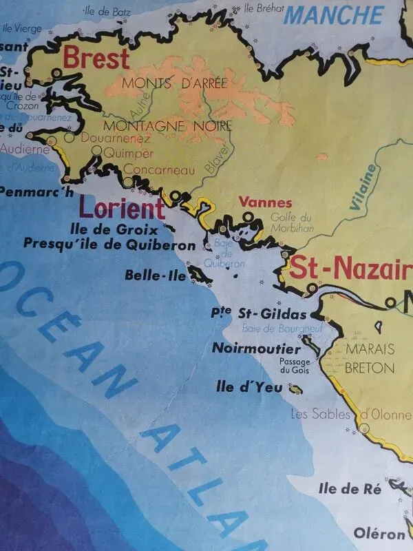 Illustration numéro 5 du produit Carte scolaire vintage mdi France - Côtes de l'atlantique.