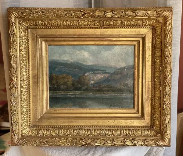 Illustration numéro 5 du produit Tableau de J.Girard-Condamin, école lyonnaise, ''Les berges du Rhône et les montagnes du Bugey