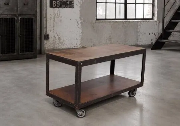 Illustration numéro 5 du produit Table basse industrielle en métal et bois, table à roulettes, chariot, table vintage, décoration intérieure