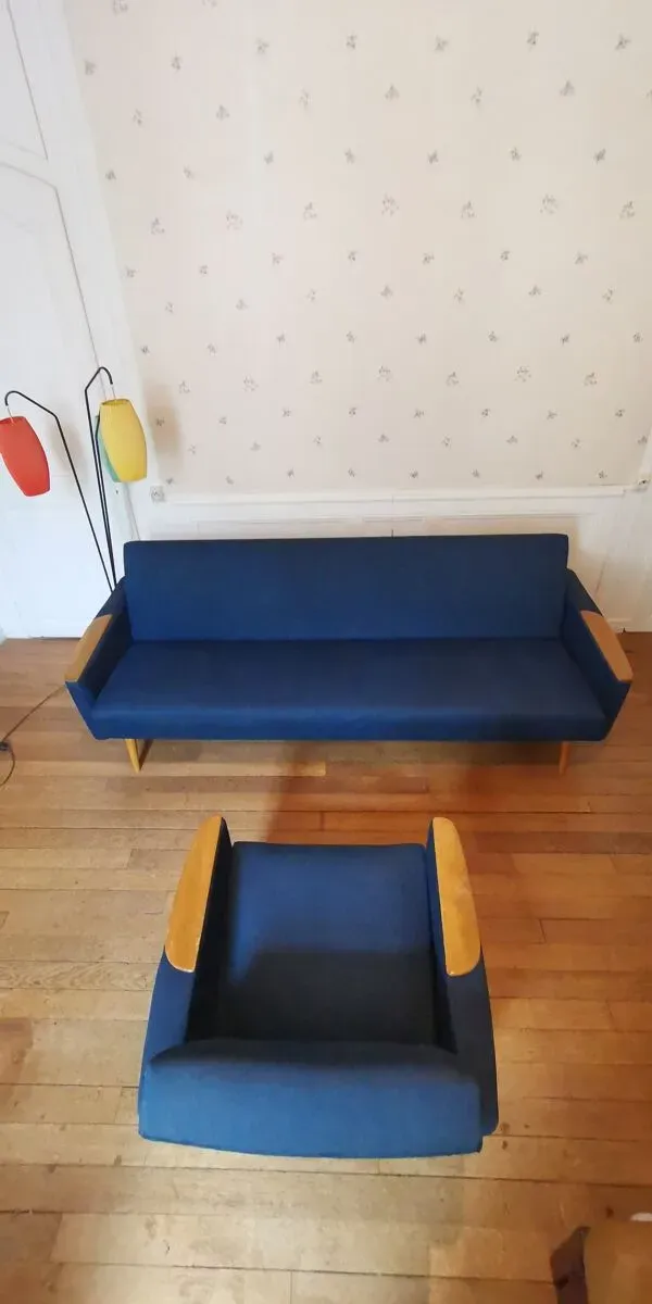Illustration numéro 5 du produit Duo 1 canapé daybed 1 fauteuil club année 50 60 bleu