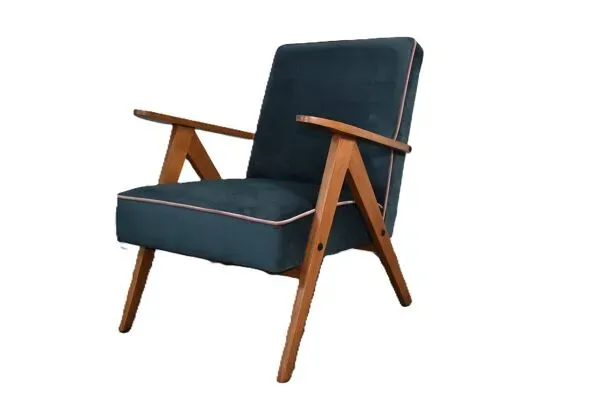 Illustration numéro 5 du produit Chaise compas restaurée, tissu jaune canari, fil rose, teck, 1960