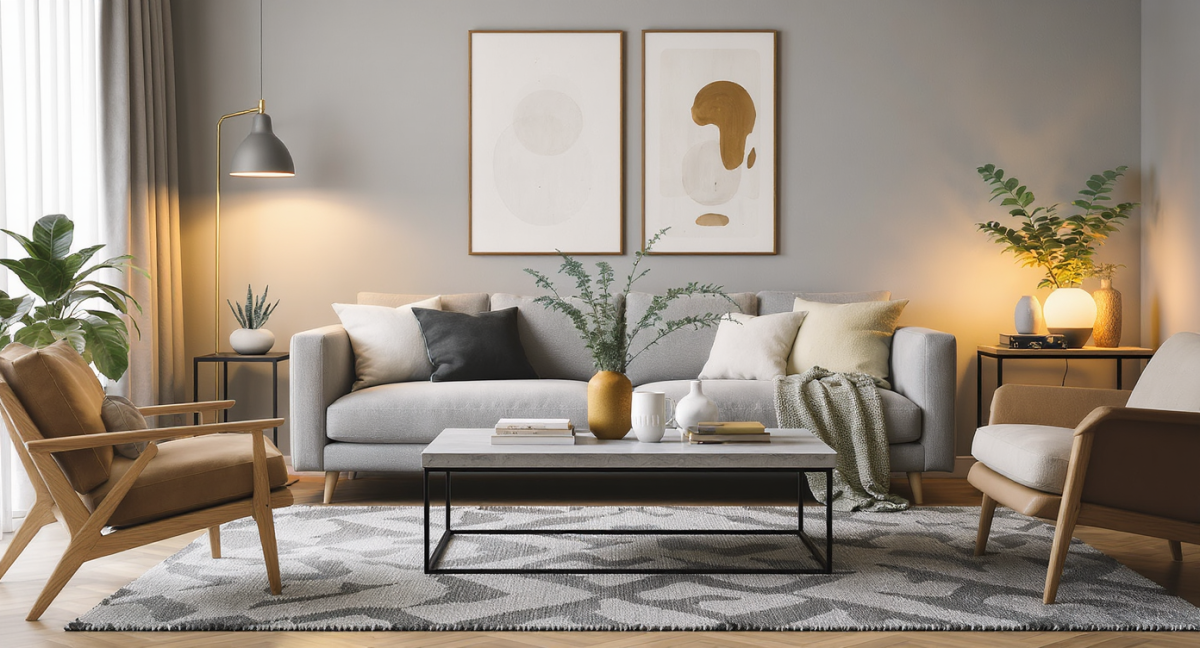 Table basse industrielle stylée dans un salon moderne et accueillant