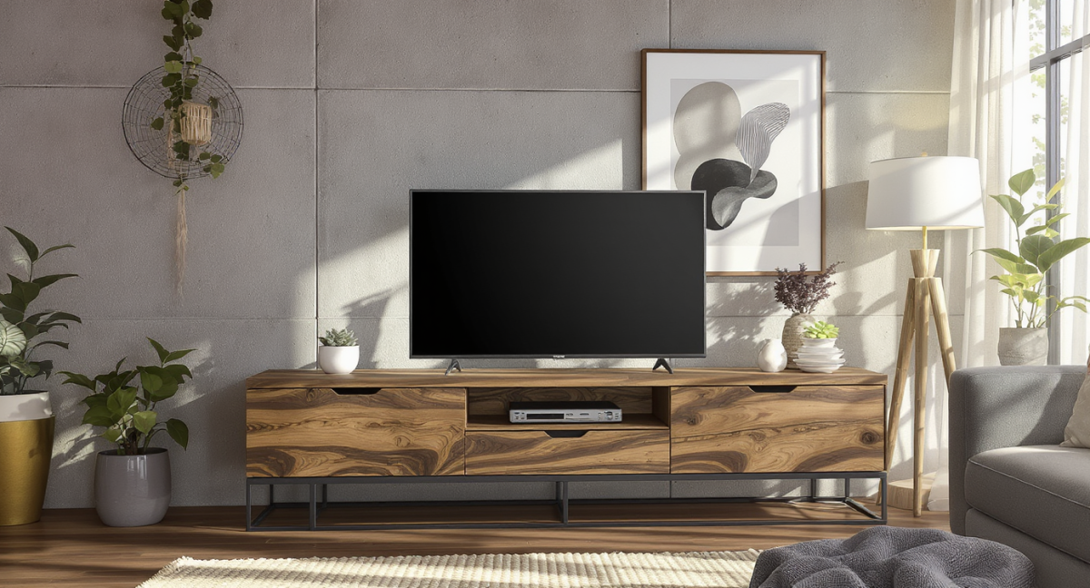 Meuble télé industriel en bois et métal dans un salon moderne